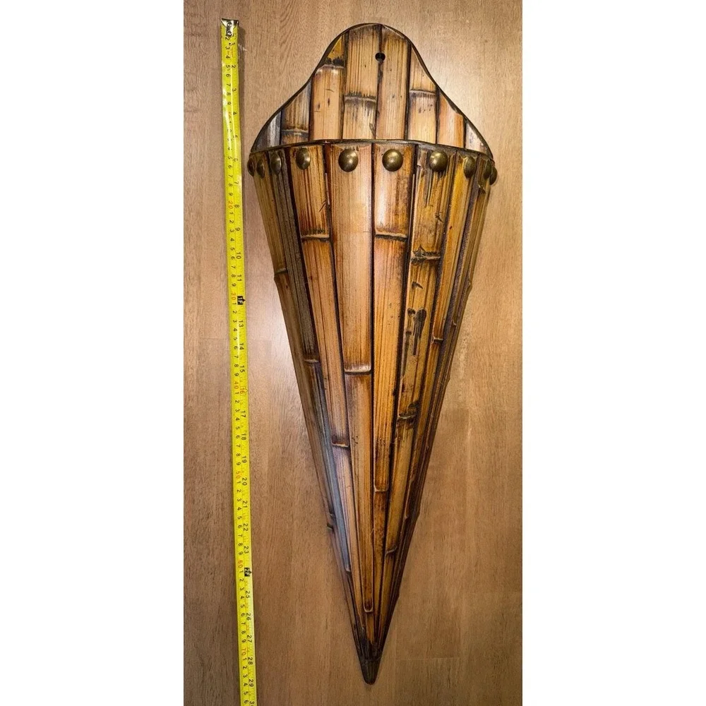 Vintage Bamboo Wall Pocket Planter Conical Wood Sconce Tiki MCM 28.5 Inch